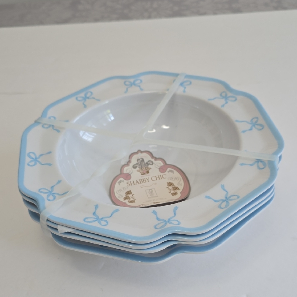NWT Shabby Chic Set Of 4 Melamine Salad Pasta Bowls Blue White Coquettte Bows